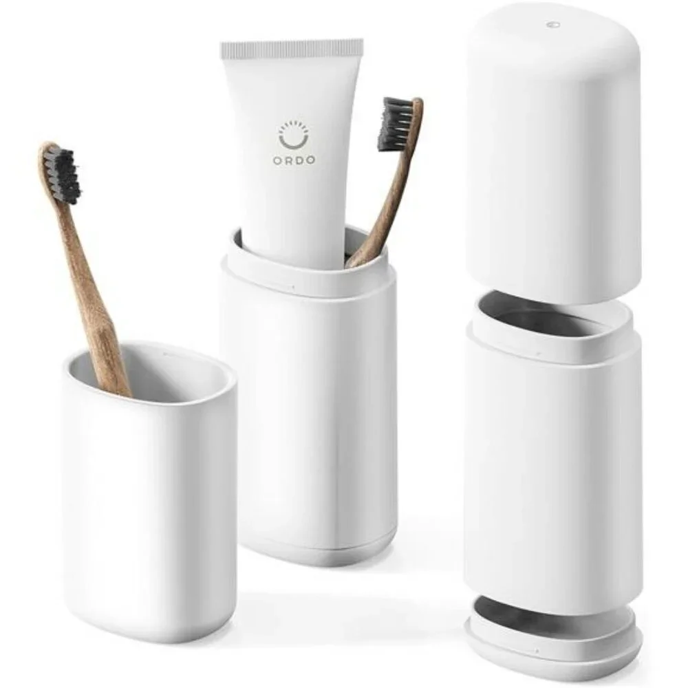 Travel toothbrush case with toothpaste holder and mouthwash cup oral care box